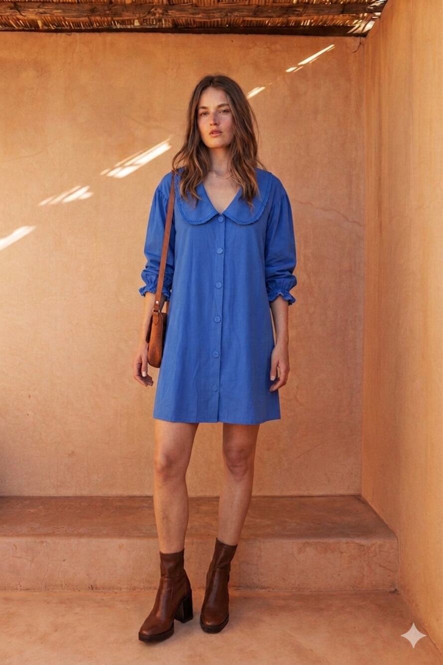 Atelier Rêve Size 36 US Small Blue Peter Pan Collar Button Front Dress